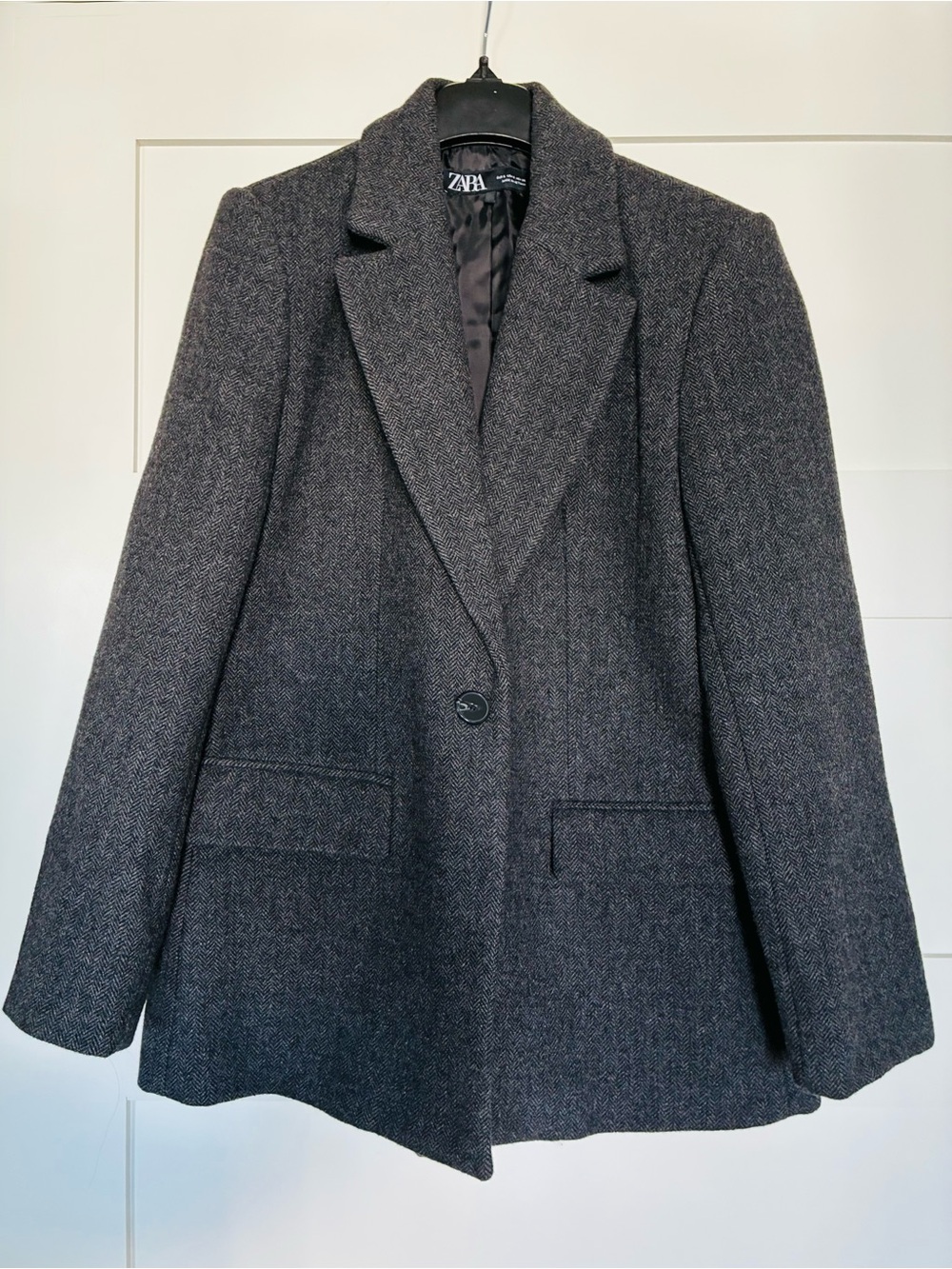 Zara S Dark Gray Herringbone Wool Blend Blazer Jacket